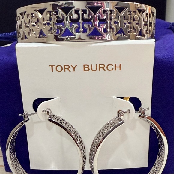 Tory Burch Jewelry - Tory Burch SET - Kinsley silver cuff bracelet & Kinsley Hoop Earrings + dust bag